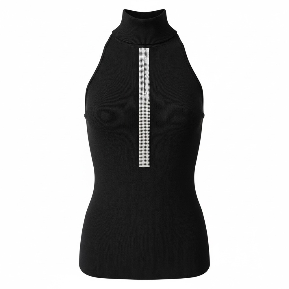 Cache Black Sleeveless Turtleneck Top Rhinestone Keyhole Slit Size M -NWT